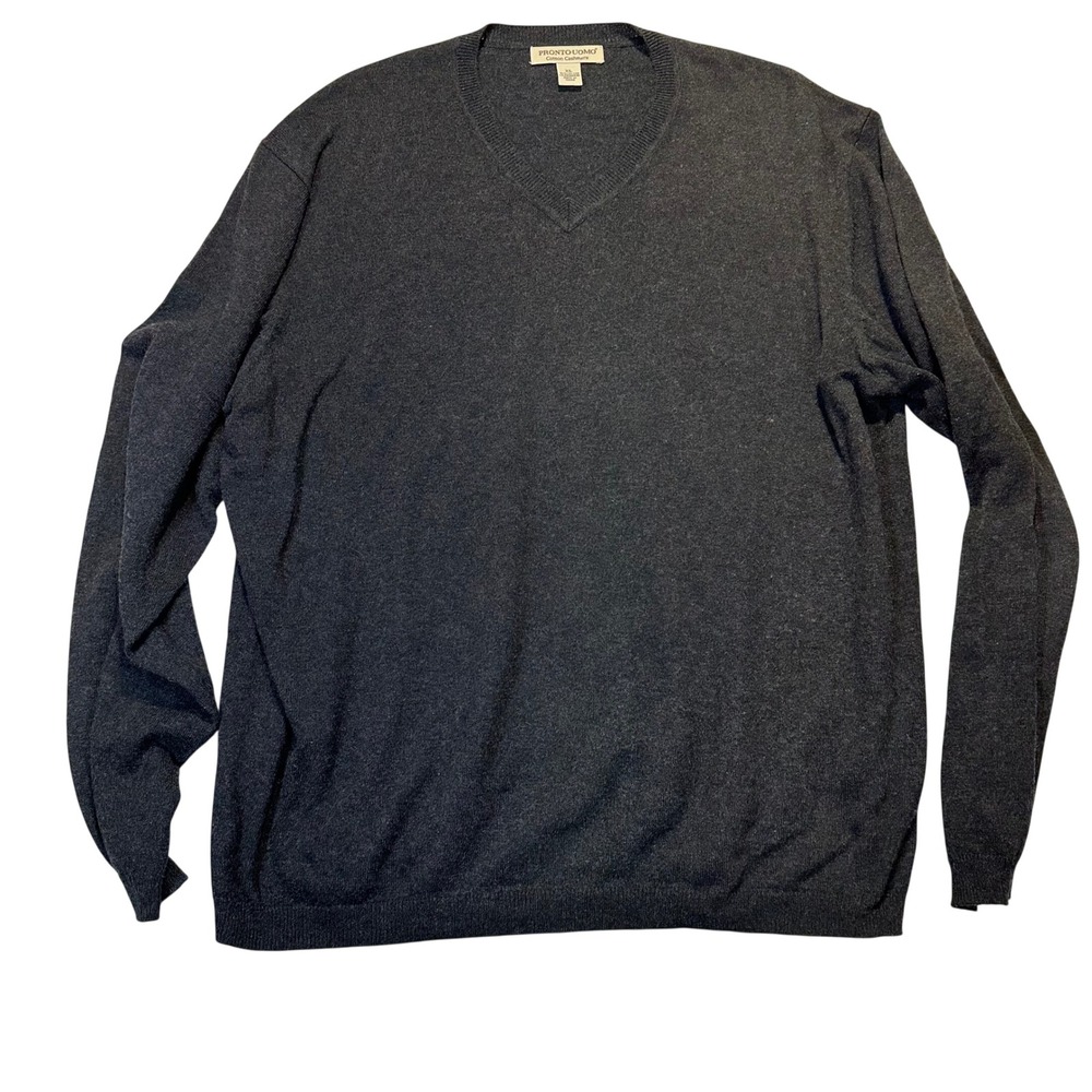 Pronto Uomo V-Neck Sweater Mens XL Gray Cotton Cashmere Blend Classic